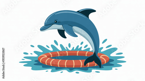 Playful cartoon dolphin jumping out of water with orange inflatable ring fun summer vacation concept illustration