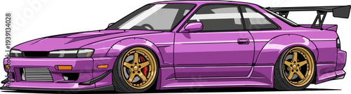 Vibrant purple sports car with golden wheels on a sleek road from a side viewpoint