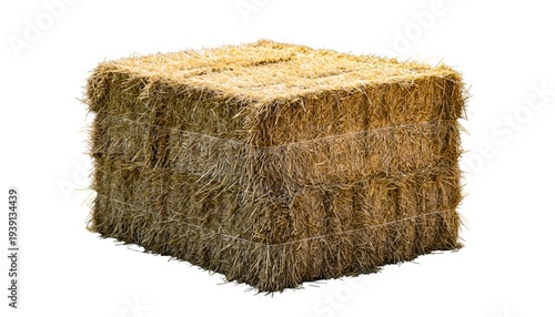 Square bale of dry straw stacked for animal feed on white background for agriculture