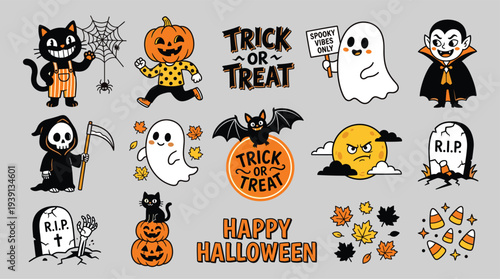 Halloween elements collection in cute doodle style, pumpkins, ghosts, black cats, bats, spiders, and trick or treat