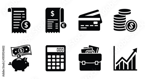 Financial icons depicting receipts money cards and economic growth
