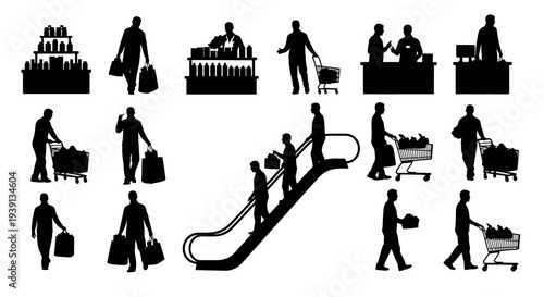 Collection of Silhouettes Depicting People Shopping and Using Trolleys.