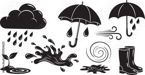 Rainy Day Icons and Symbols in Black and White