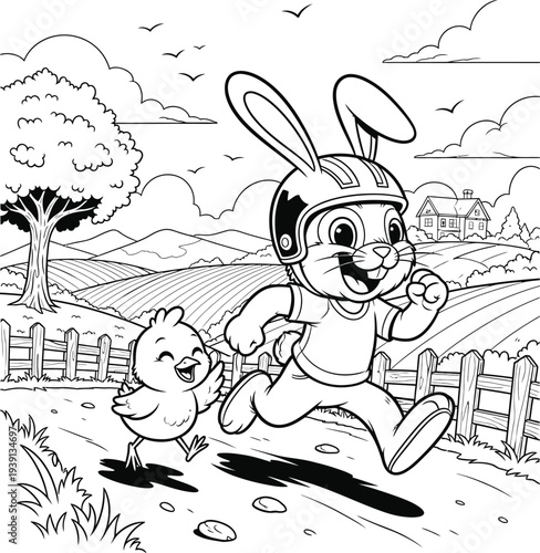 Cute rabbit chases duckling across fields with house in background. Fun kids coloring book page