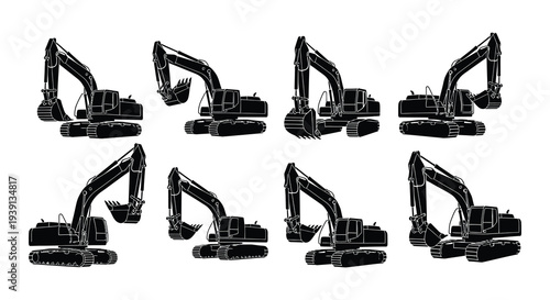 Six black silhouettes of excavators in various operational poses