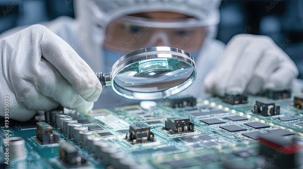 Naklejka premium A technician wearing a white protective suit and goggles meticulously examines a complex printed circuit board (PCB) with a magnifying glass.
