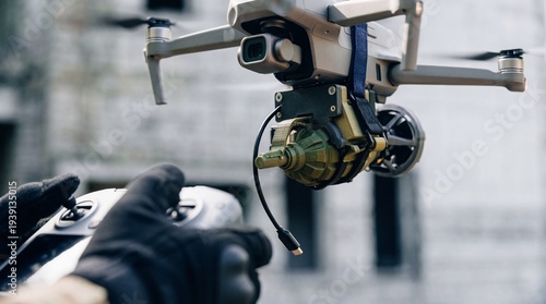Cuadro en lienzo Military drone modified with an explosive device, flying overhead, controlled by a soldier's hands