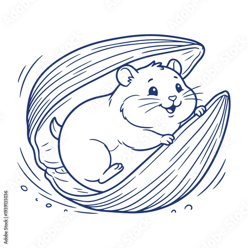 Adorable hamster resting inside cracked nut shell, cute small animal cartoon character line art illustration, clean vector isolated on white background, great for children coloring pages.