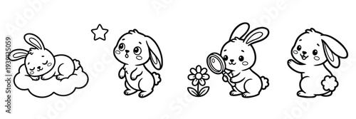 Cute baby rabbit character outline set for children's coloring book