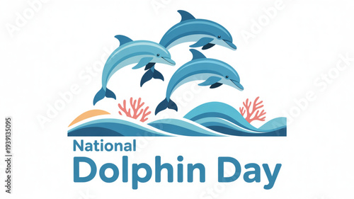 Three dolphins jumping out of ocean waves with coral reefs for national dolphin day celebration