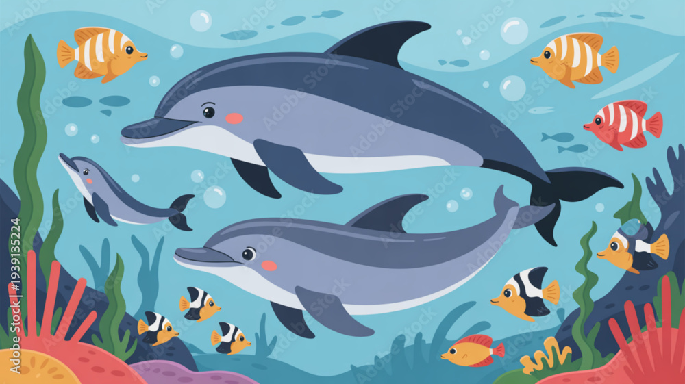 Obraz premium Dolphins swimming with tropical fish in colorful ocean scene with coral and seaweed underwater illustration