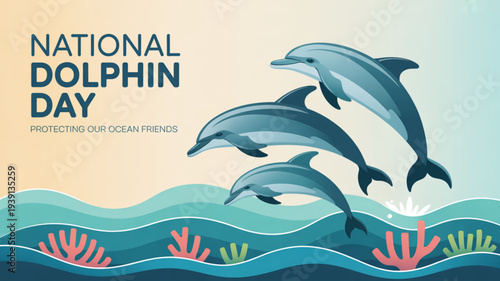 Three dolphins jumping out of ocean waves with coral reefs in national dolphin day illustration