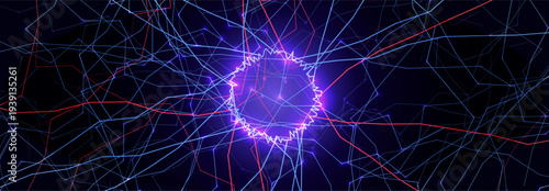 Digital Network Ring Data Connection Quantum Neural Circle Frame. Cyber Technology Interface Signal Energy Abstract. Innovation Matrix Grid Glow Circuit Virtual. Vector Illustration.