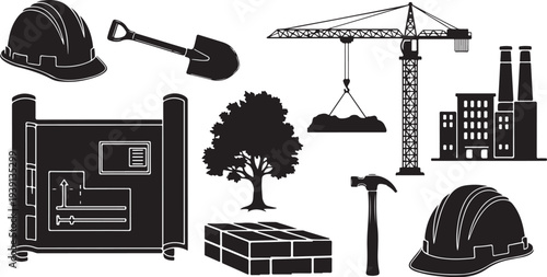 Construction site icons and tools in black and white