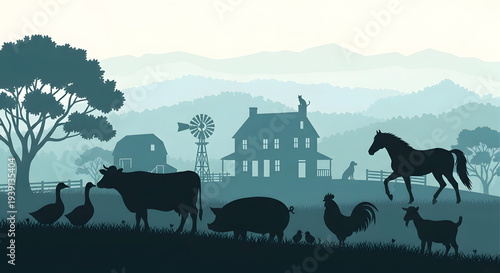 Silhouette Farm Animals and Buildings in a Rural Landscape.