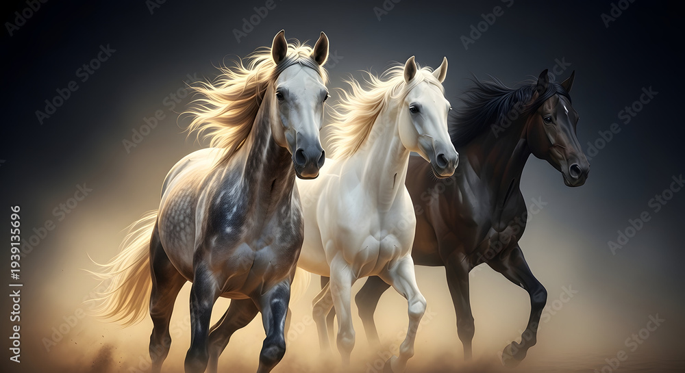 Fototapeta premium Three majestic horses running in a dusty field at sunset.