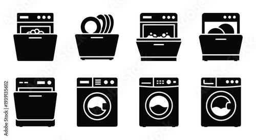 Black silhouette icons depicting various household appliances in a grid