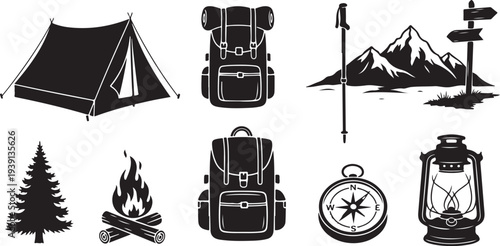 Camping and hiking icons and travel symbols in black
