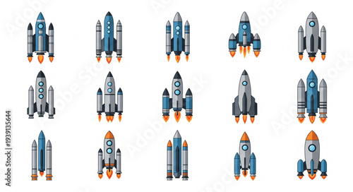 Collection of futuristic space rockets and shuttles launching into space.