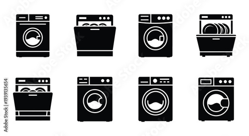 Black silhouette icons depicting various household appliances in a grid