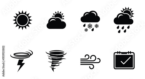 Black and white weather icons depicting sun clouds rain and storms