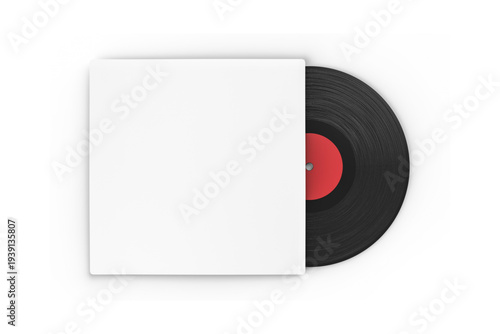 A vintage black vinyl record with a red center, partially revealed from its plain white protective sleeve, showcasing a classic music format