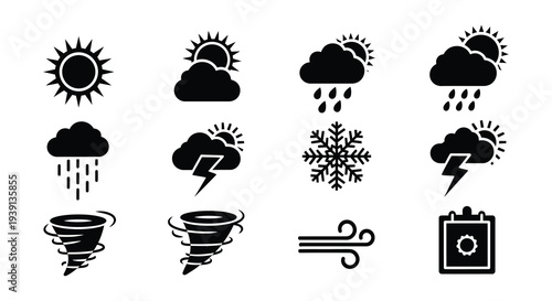 Black and white weather icons depicting sun clouds rain and storms