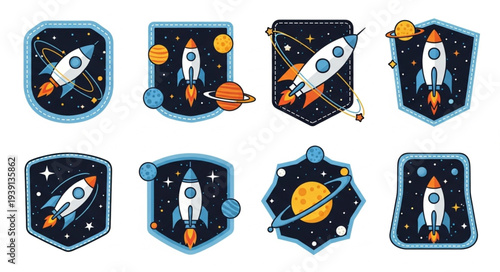 Collection of Space Rocket Patches with Planets and Stars.