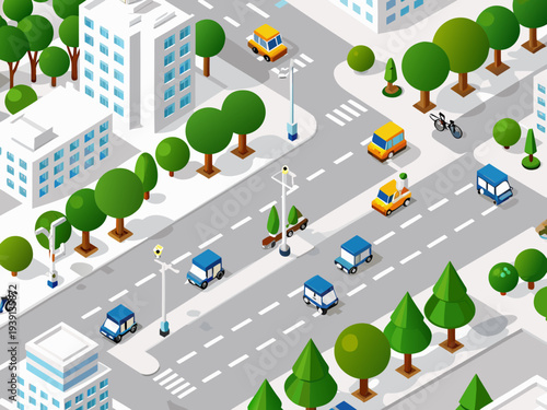Isometric illustration of a city street with vehicles and trees