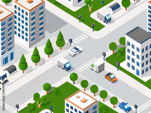 Isometric view of a city intersection with vehicles and buildings