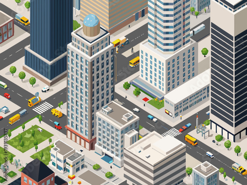 Isometric illustration of a bustling city street with numerous vehicles and buildings