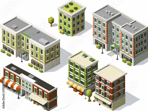 Isometric illustration of colorful urban buildings and a city street scene