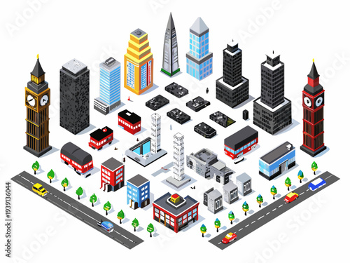 Isometric illustration depicting a colorful cityscape with iconic landmarks