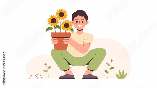 Young man sitting outdoors holding a pot of sunflowers in a cheerful cartoon illustration with green pants and beige shirt