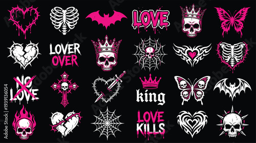 Gothic romance element pack with skulls, hearts, crowns, bats, butterflies, webs, and crosses