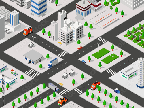 Isometric view of a modern city with roads buildings and green spaces