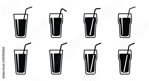 Black and white illustration of eight glasses filled with liquid and straws