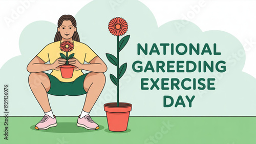 Woman gardening on national gardening exercise day with potted plants and flowers in a green landscape