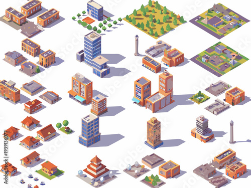 Isometric city building blocks with various architectural structures