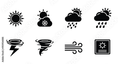 Black and white weather icons depicting sun clouds rain and storms