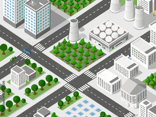 Isometric illustration of a modern city with industrial and residential areas