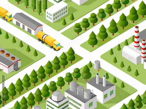 Isometric illustration of a city landscape with industrial and residential areas