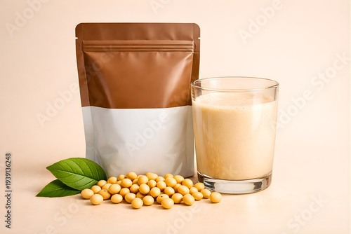 Healthy Soy Milk Shake in a Glass with Raw Soybeans and a Supplement Product Pouch