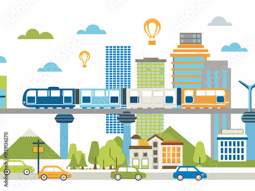 Stylized illustration of a city landscape with trains and buildings