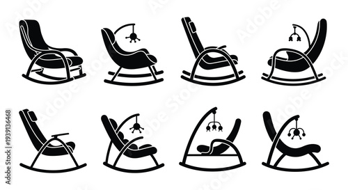 Collection of black silhouette rocking chairs and baby bouncers icons