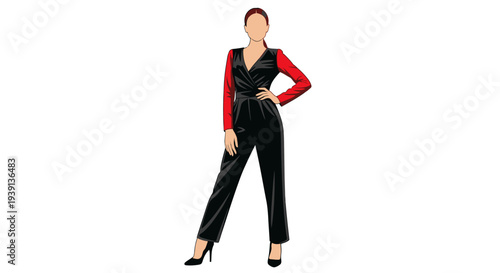 Confident woman in black jumpsuit with red sleeves posing.