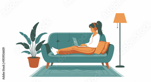 Woman relaxing on a couch with a laptop in a cozy home setting.