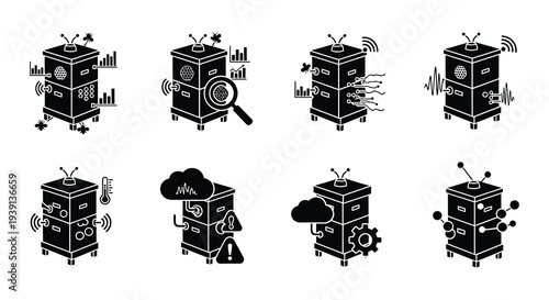 Black and white icons depicting server data analysis and network connectivity