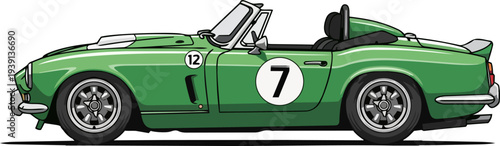 Vintage green convertible sports car illustration with racing number seven on a plain background
