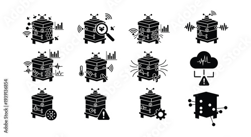 Black and white icons depicting server data analysis and network connectivity